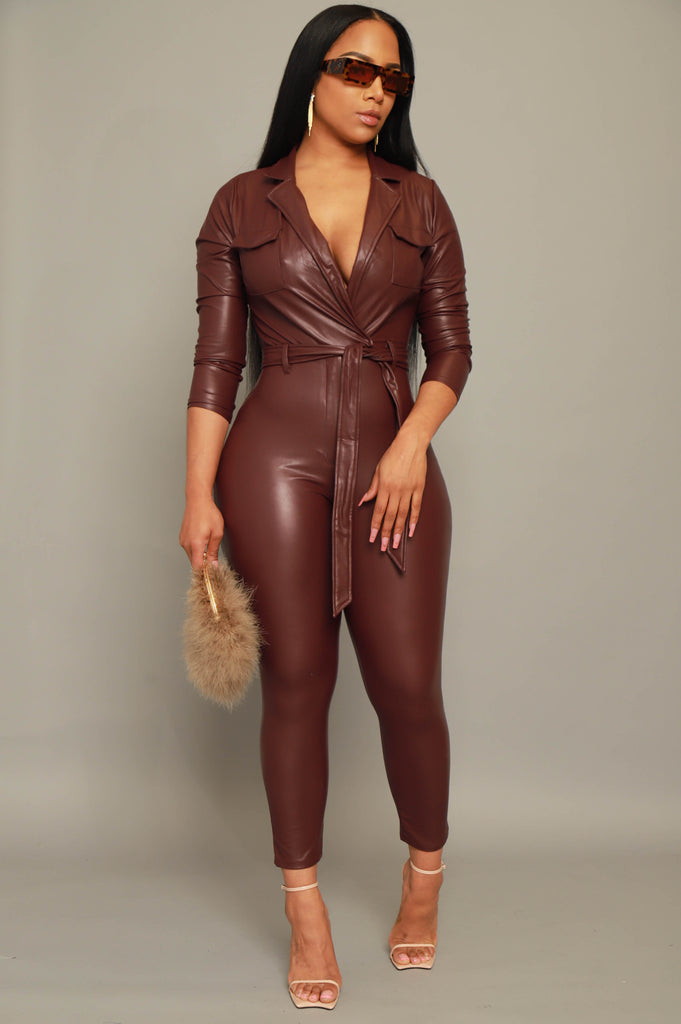 Dare You Faux Leather Belted Jumpsuit - Burgundy - grundigemergencyradio