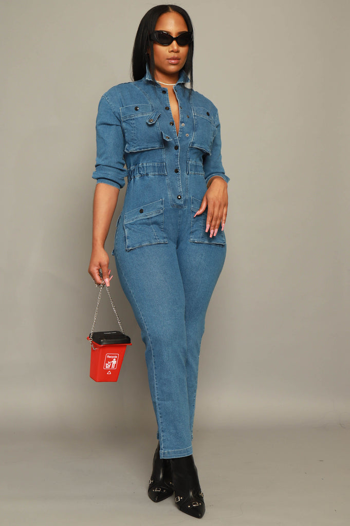 How Ya Feel Long Sleeve Denim Jumpsuit - Medium Wash - grundigemergencyradio