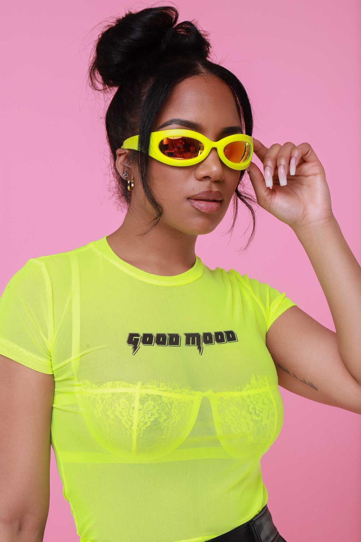 
              Good Mood Graphic Mesh Crop Top - Neon Yellow - Sheila Powers
            