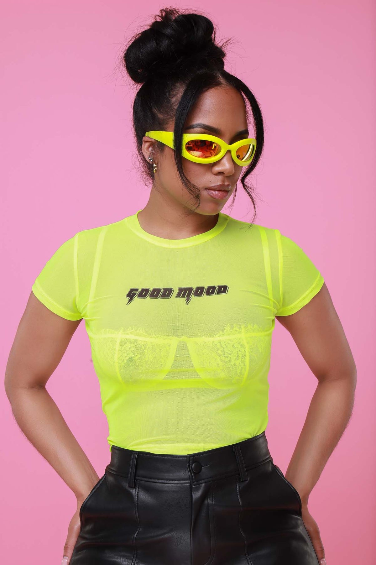 
              Good Mood Graphic Mesh Crop Top - Neon Yellow - Sheila Powers
            