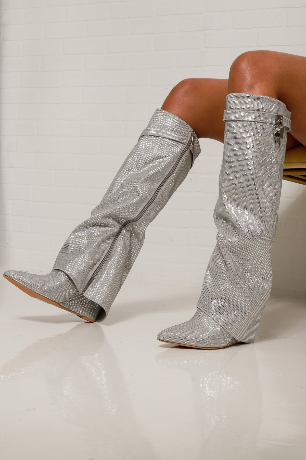 Special Effects Rhinestone Knee High Boots - Silver - Swank A Posh