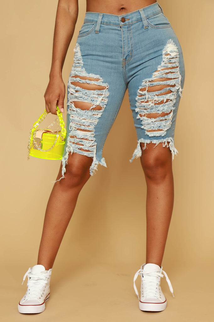 Off the Bench Distressed Bermuda Shorts - Light Wash - grundigemergencyradio