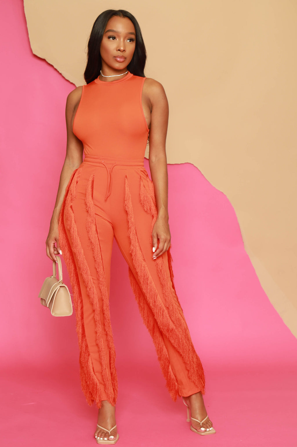 Weightless Sleeveless Fringe Pants Set - Orange - grundigemergencyradio