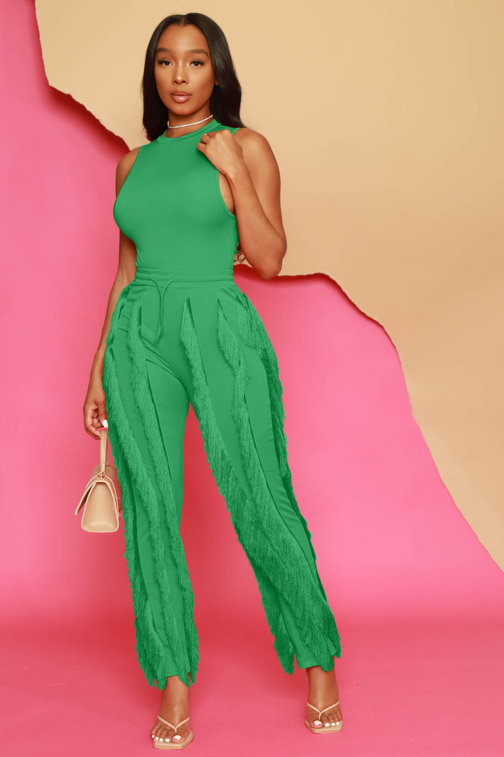 Weightless Sleeveless Fringe Pants Set - Kelly Green - grundigemergencyradio