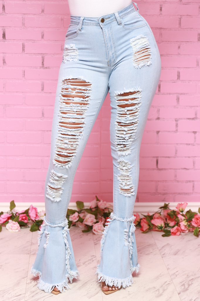 Cutting Corners Distressed Flare Jeans - Light Wash - grundigemergencyradio