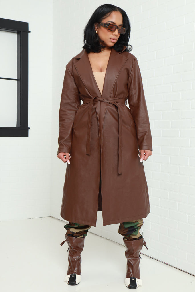 Pay To See It Faux Leather Belted Trenchcoat - Brown - grundigemergencyradio