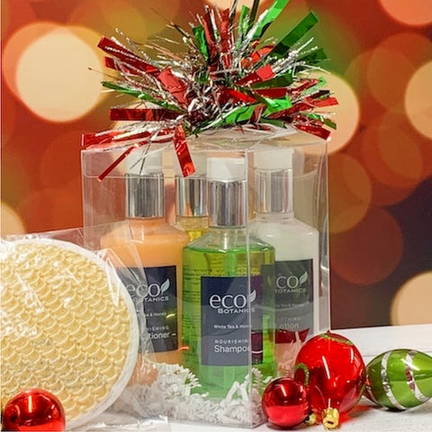 Set de regalo de 4 paquetes de artículos de tocador de baño Eco Botanics - 10.14 oz. Botellas con bomba | GuestOutfitters.com