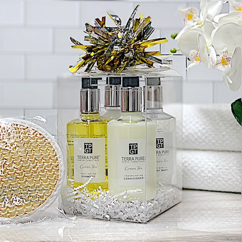 Terra Pure Green Tea Refillable Hotel Toiletry Shampoo, Conditioner, Body Wash and Lotion Gift Set | GuestOutfitters.com