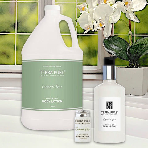 Artículos de tocador para loción corporal Terra Pure Green Tea Hotel en 3 tamaños | GuestOutfitters.com