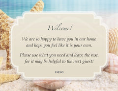 Tarjetas de bienvenida personalizadas para el baño de invitados con tema de playa junto al mar