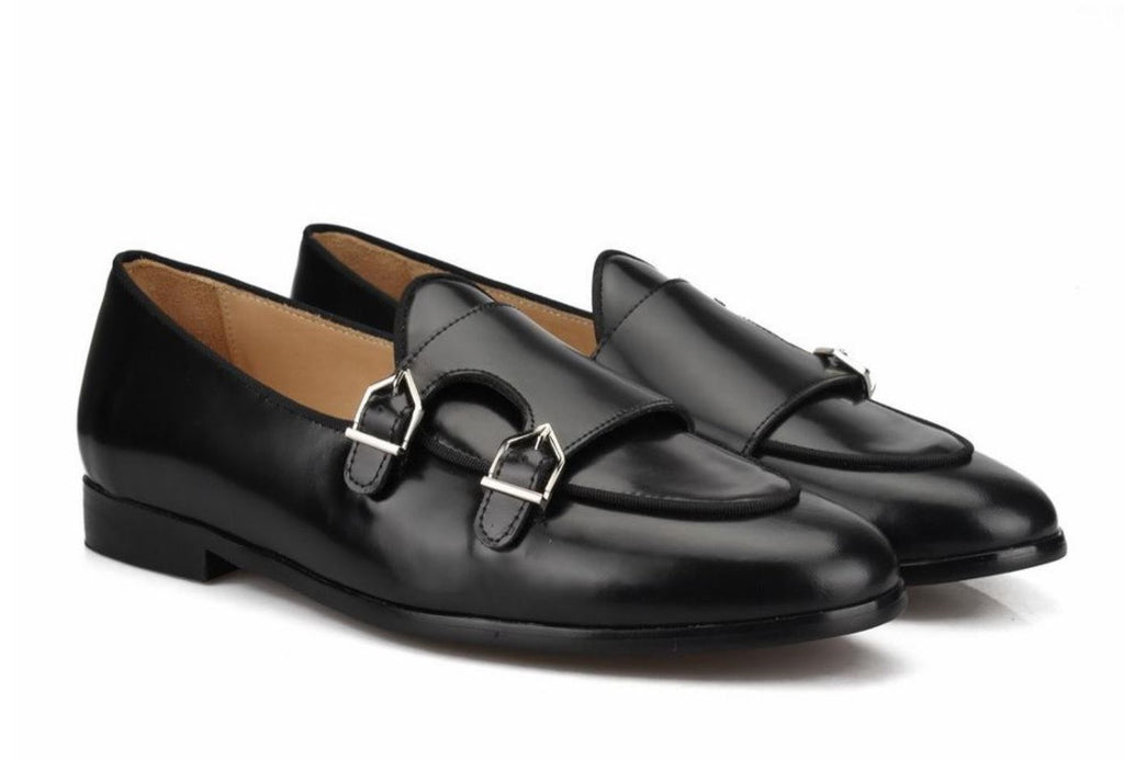 Black Leather Double Monk Loafers 