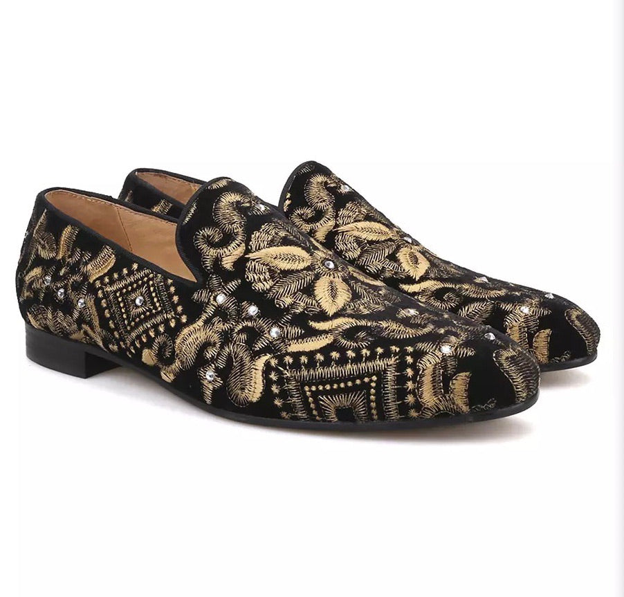 black and gold velvet loafers
