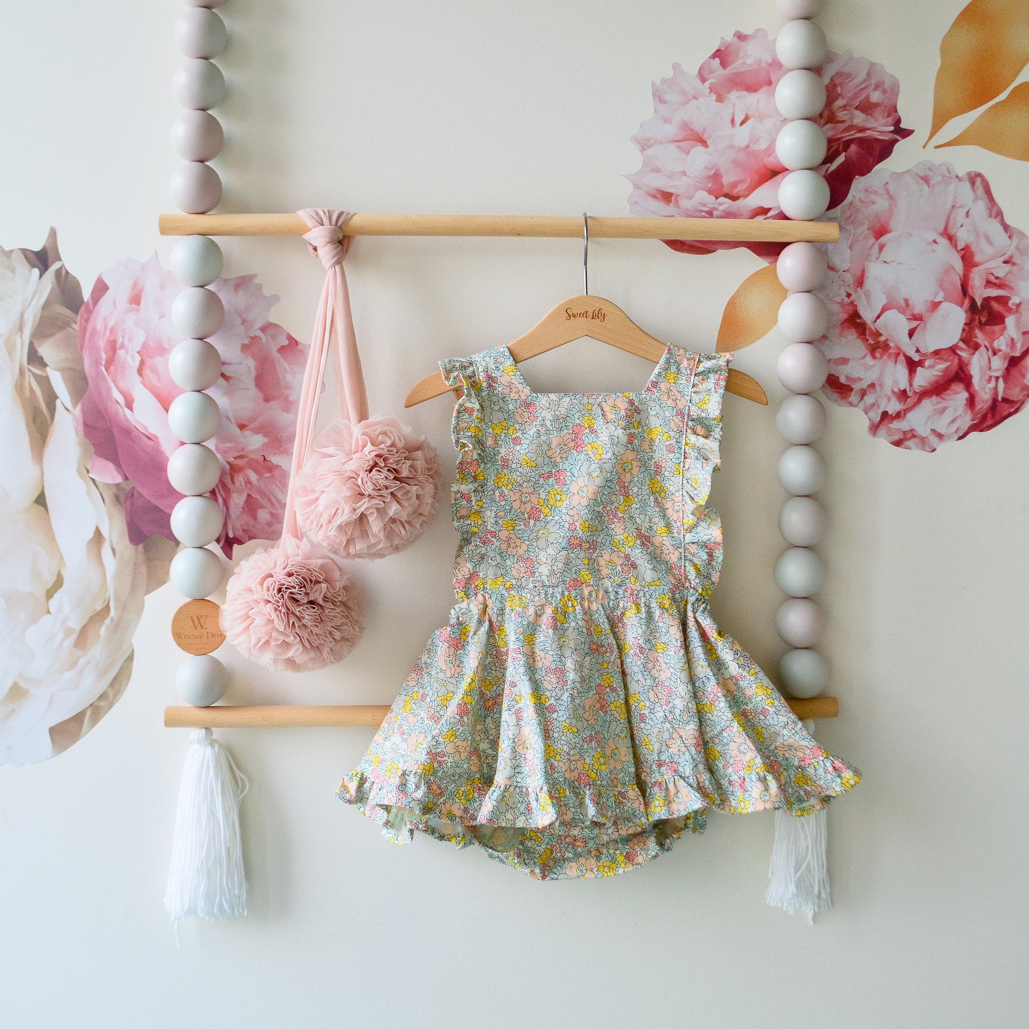Mini Vintage Frilly Romper In Liberty Garden Sweet Lily Boutique