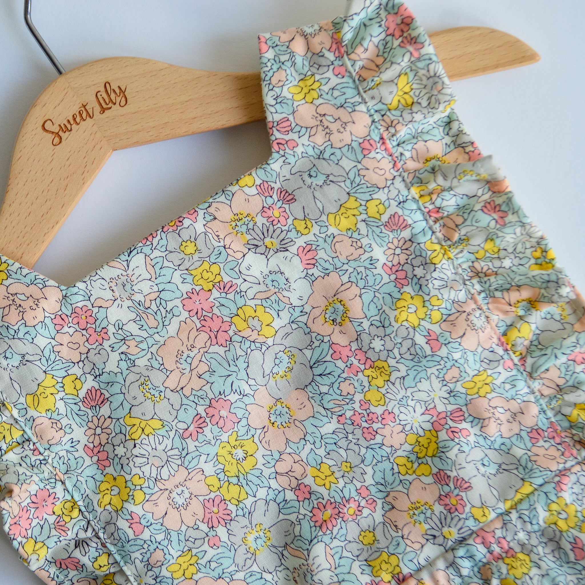 Mini Vintage Frilly Romper In Liberty Garden Sweet Lily Boutique