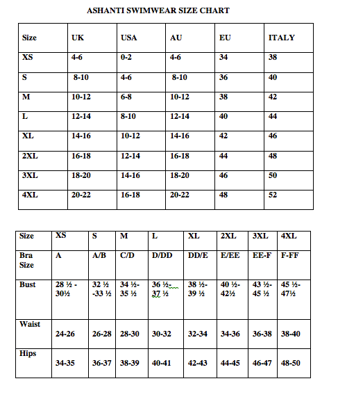 Size Chart – Ashanti Swimwear