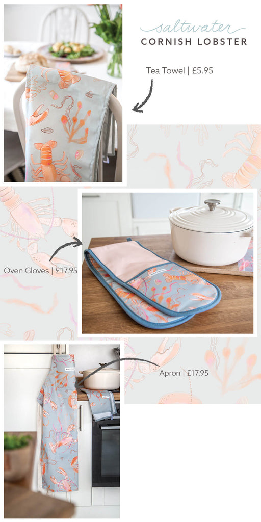 cornish lobster tea towel, oven gloves and apron