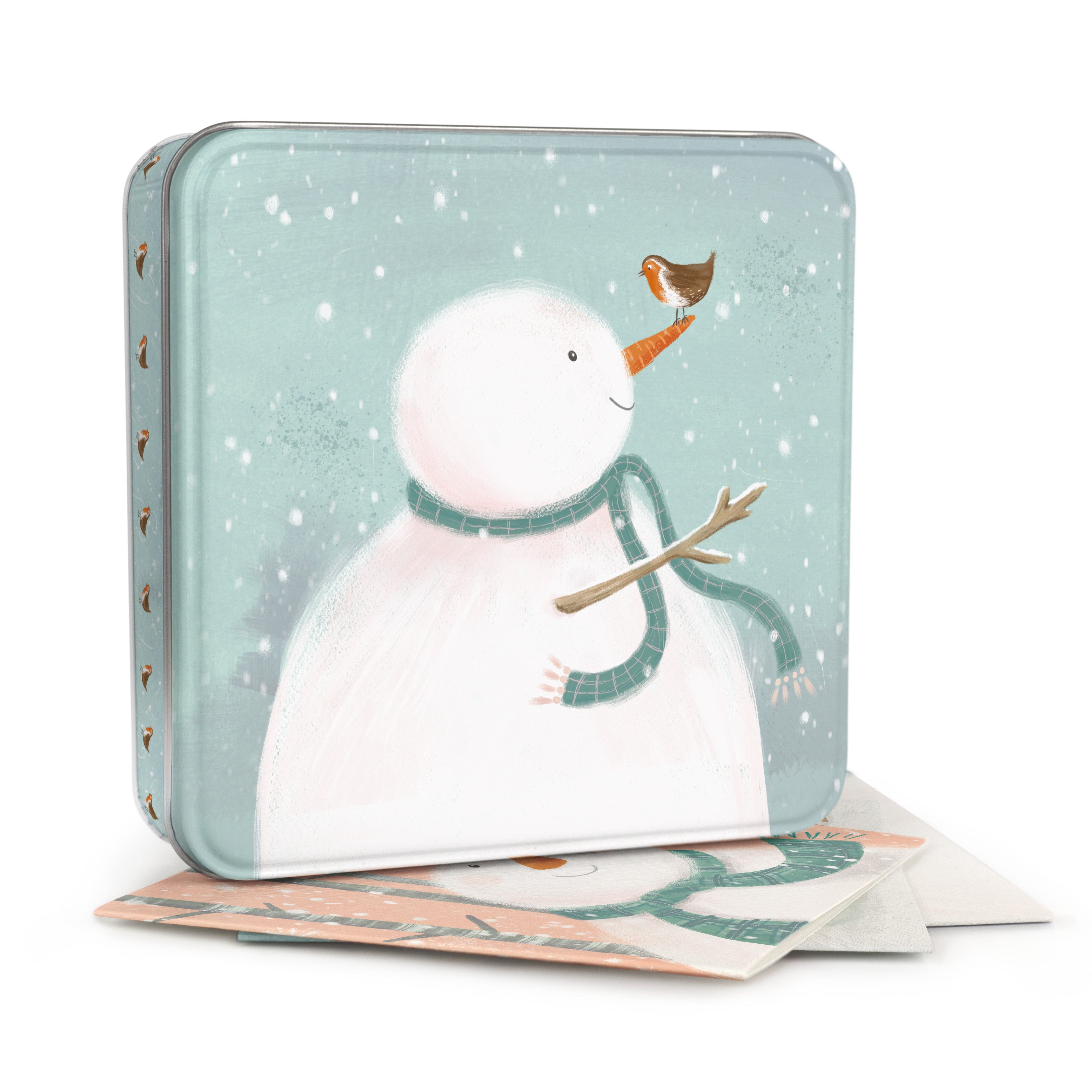 Snowman And Robin Christmas Notelet Tin