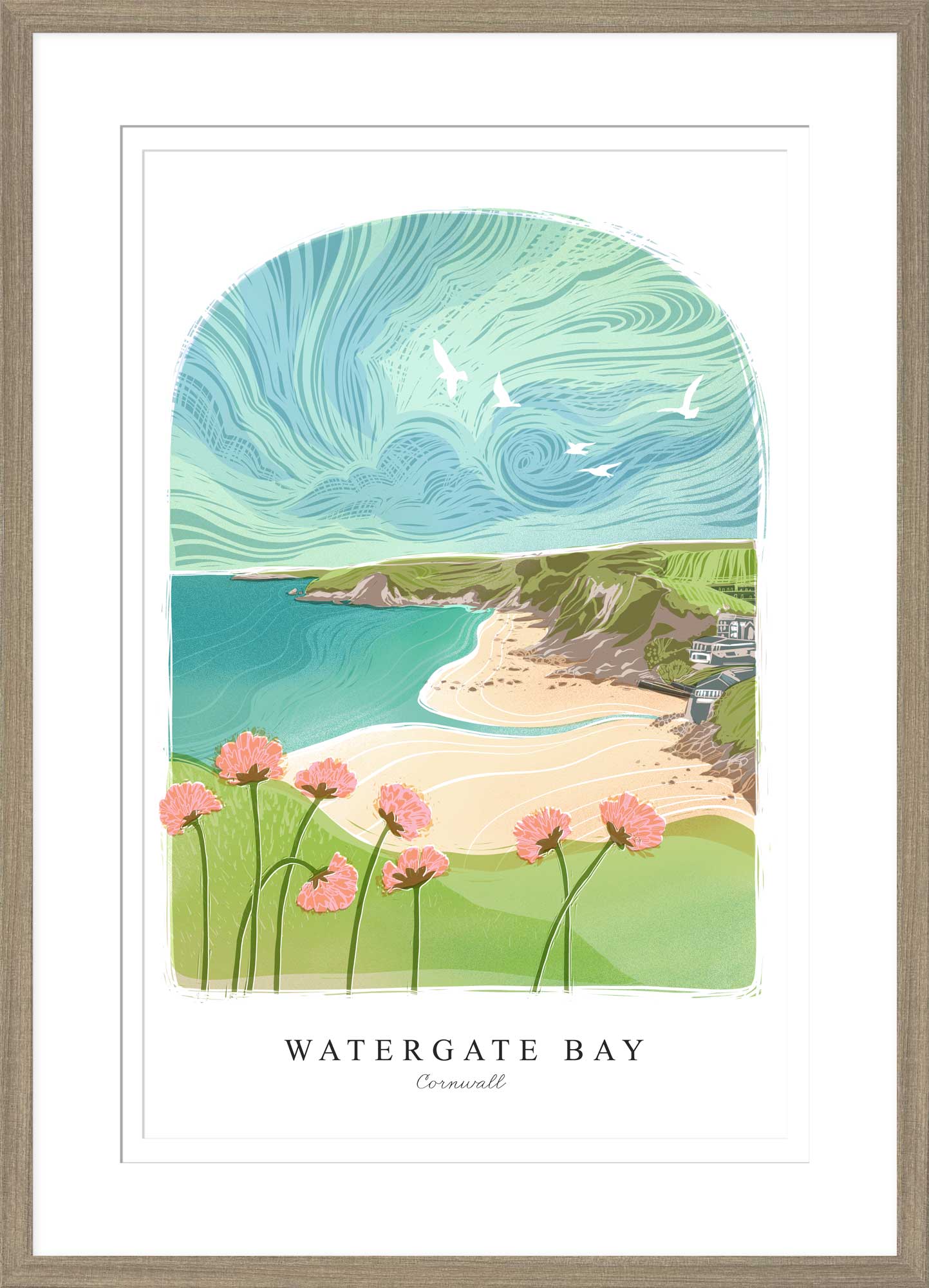 Watergate Bay Arched Lino Framed Print