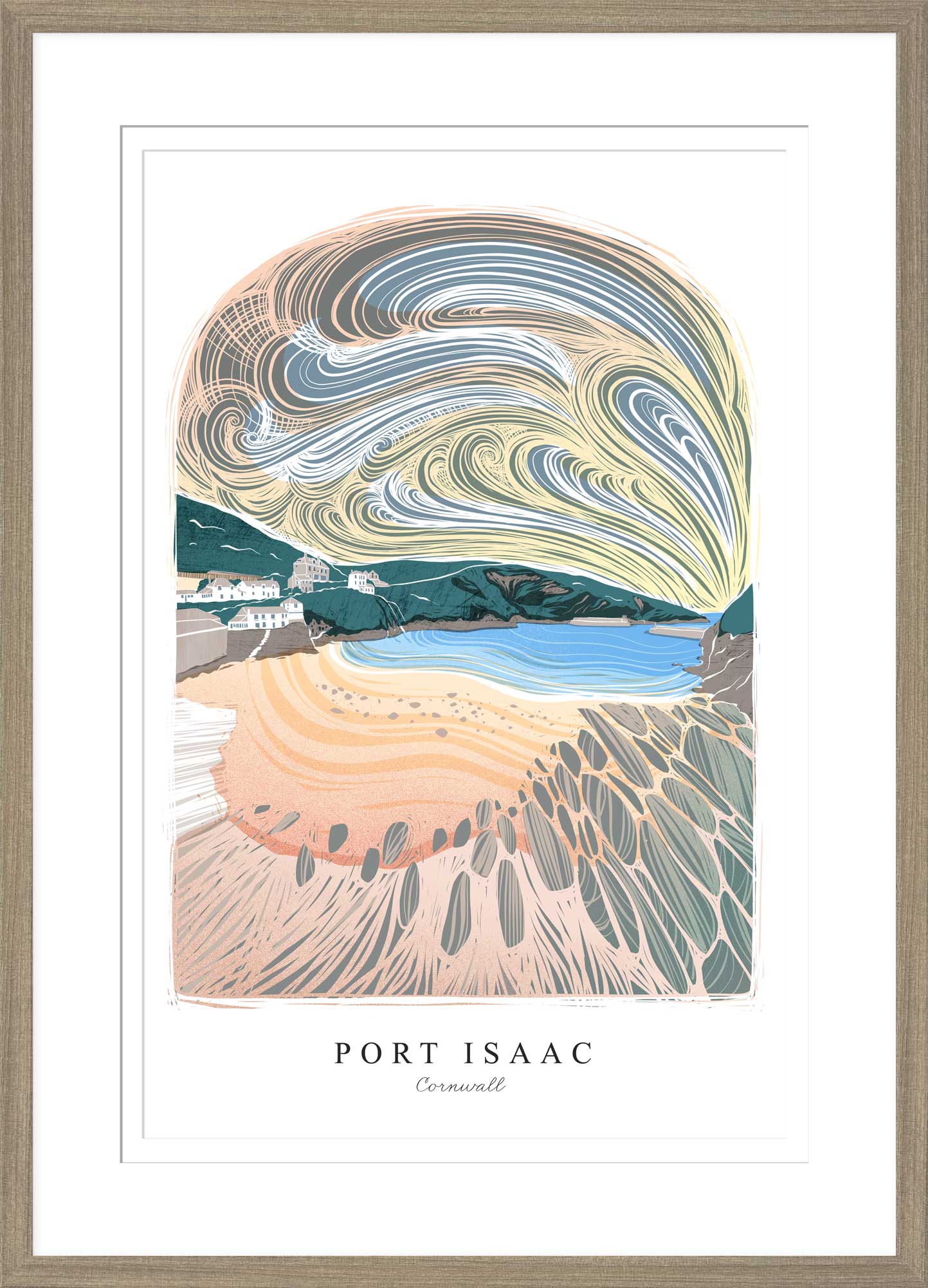 Port Isaac Arched Lino Framed Print
