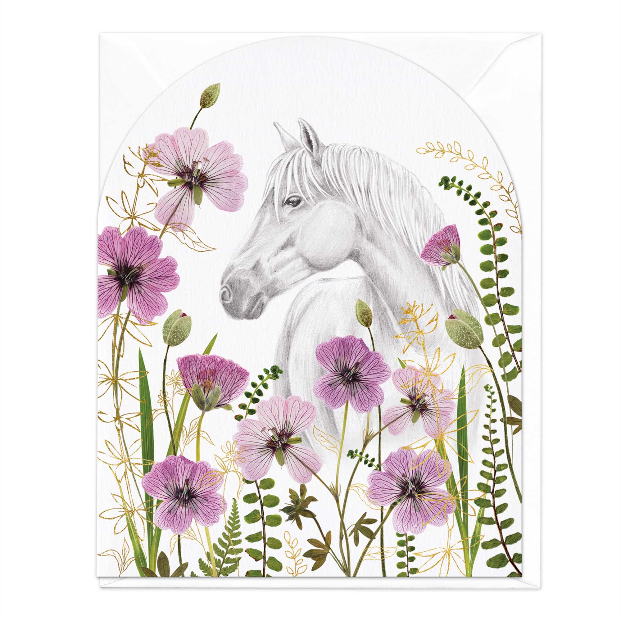 Horse In Purple Geraniums Card