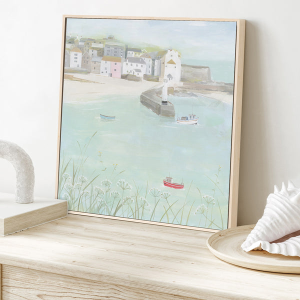 beautiful canvas print of st ives harbour in light blue pastel shades by hannah cole