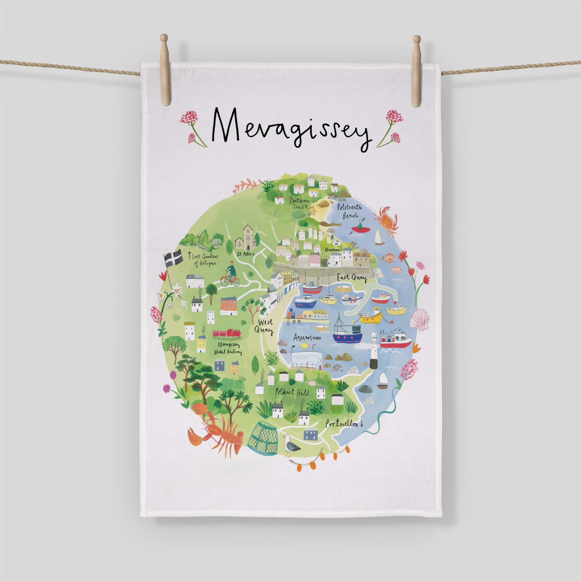Mevagissey Map Tea Towel