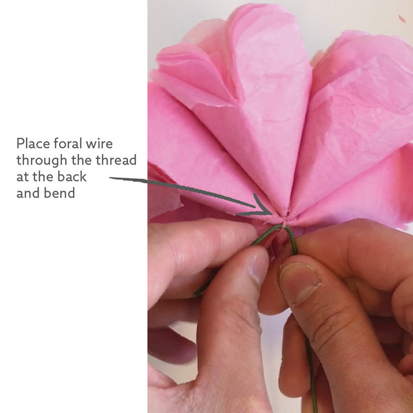 place floral wire through thread and bend