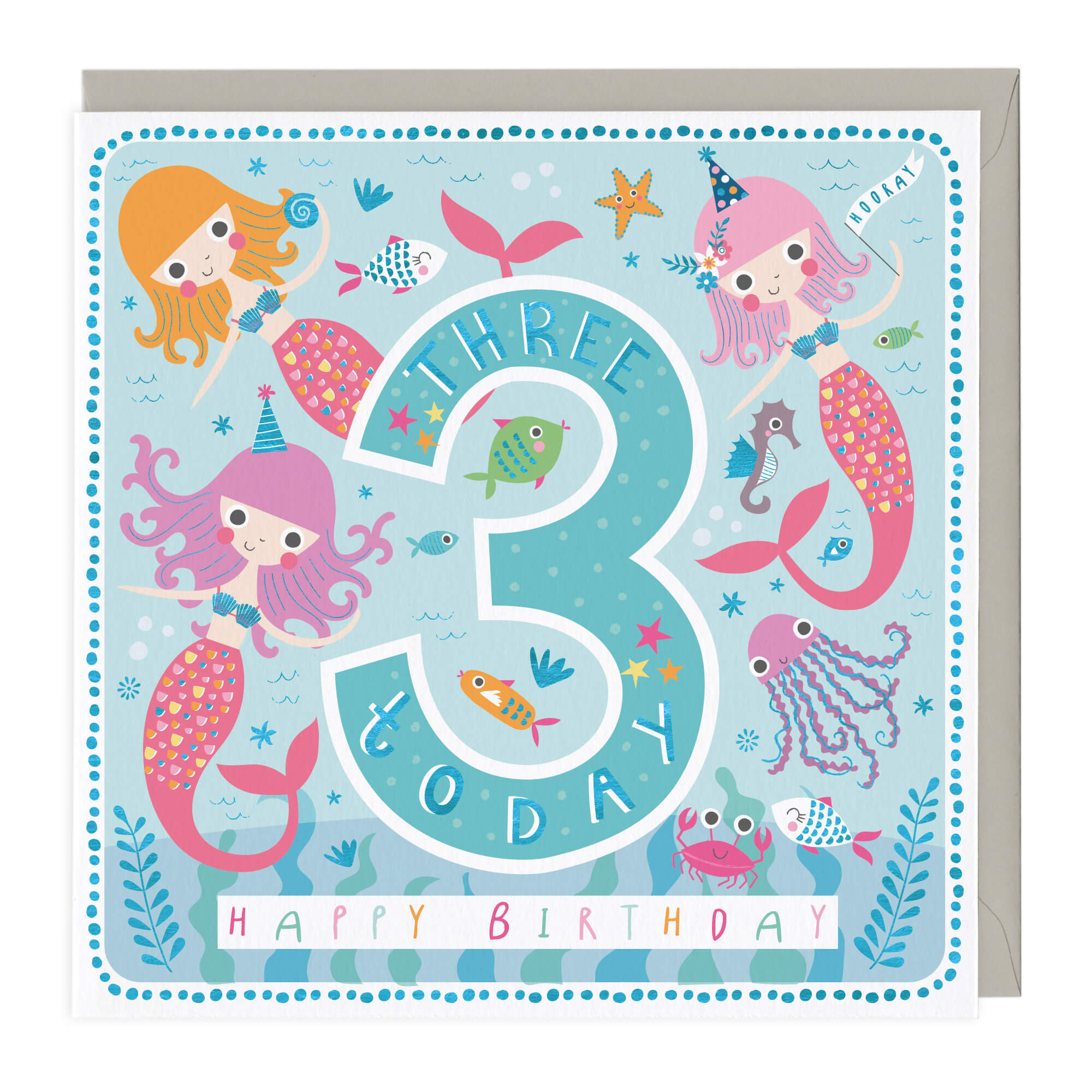 An image of 3 Today Happy Mermaids Birthday Card Whistlefish