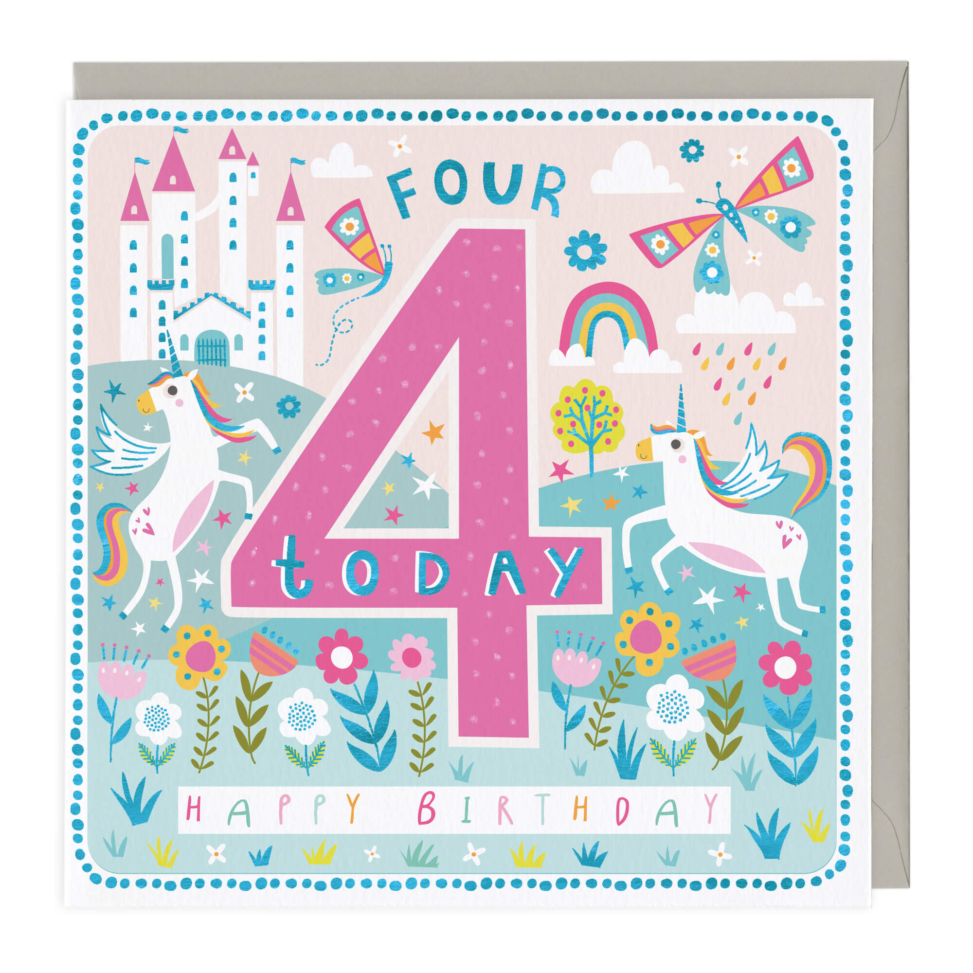 An image of 4 Today Prancing Unicorns Birthday Card Whistlefish