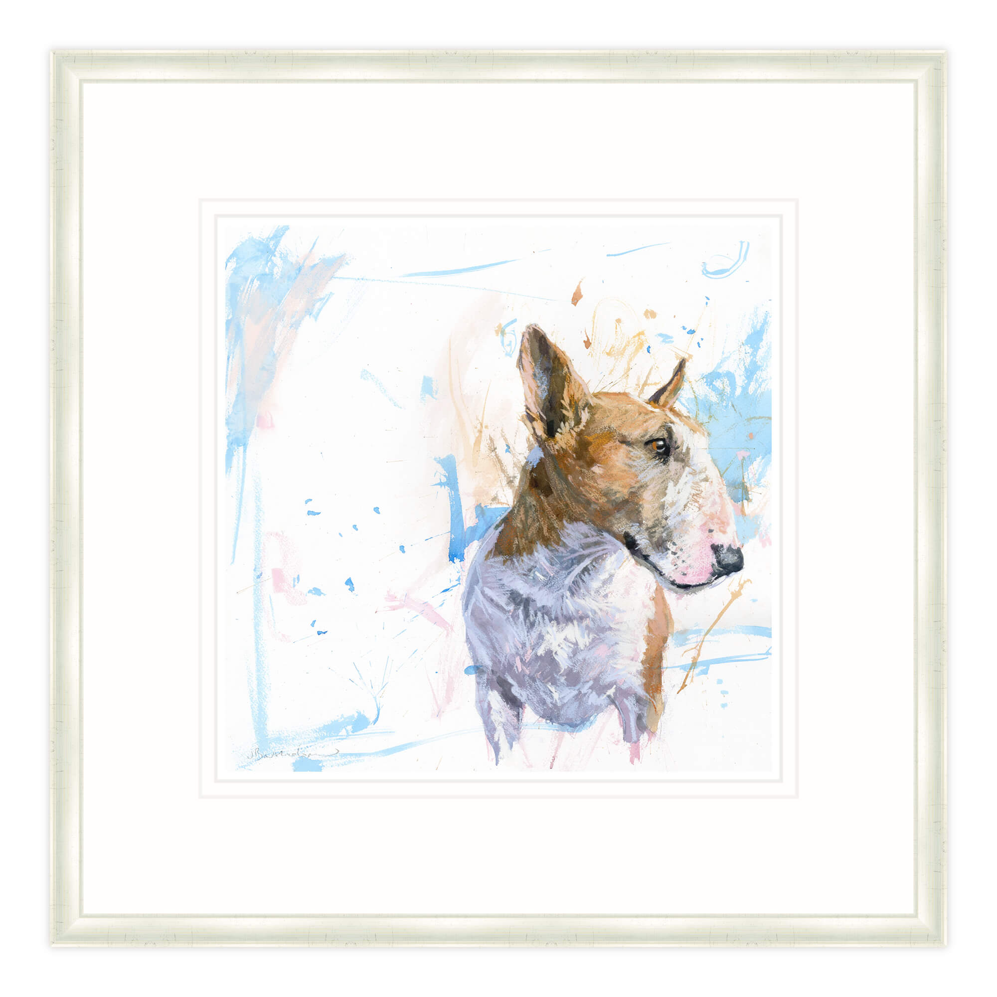 An image of Bull Terrier on Blue Framed Print Whistlefish