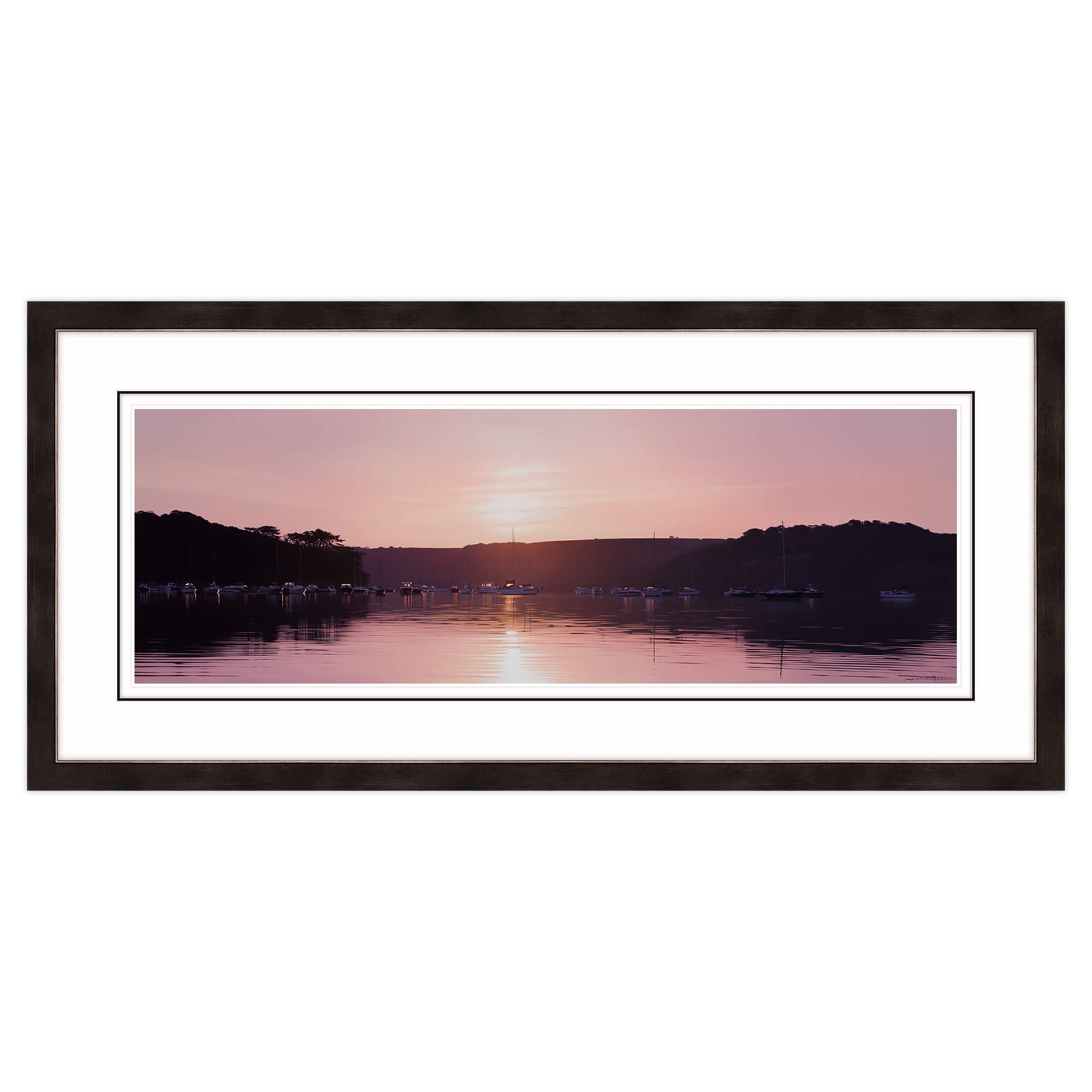 An image of Sunrise over the Moorings Framed Print Whistlefish