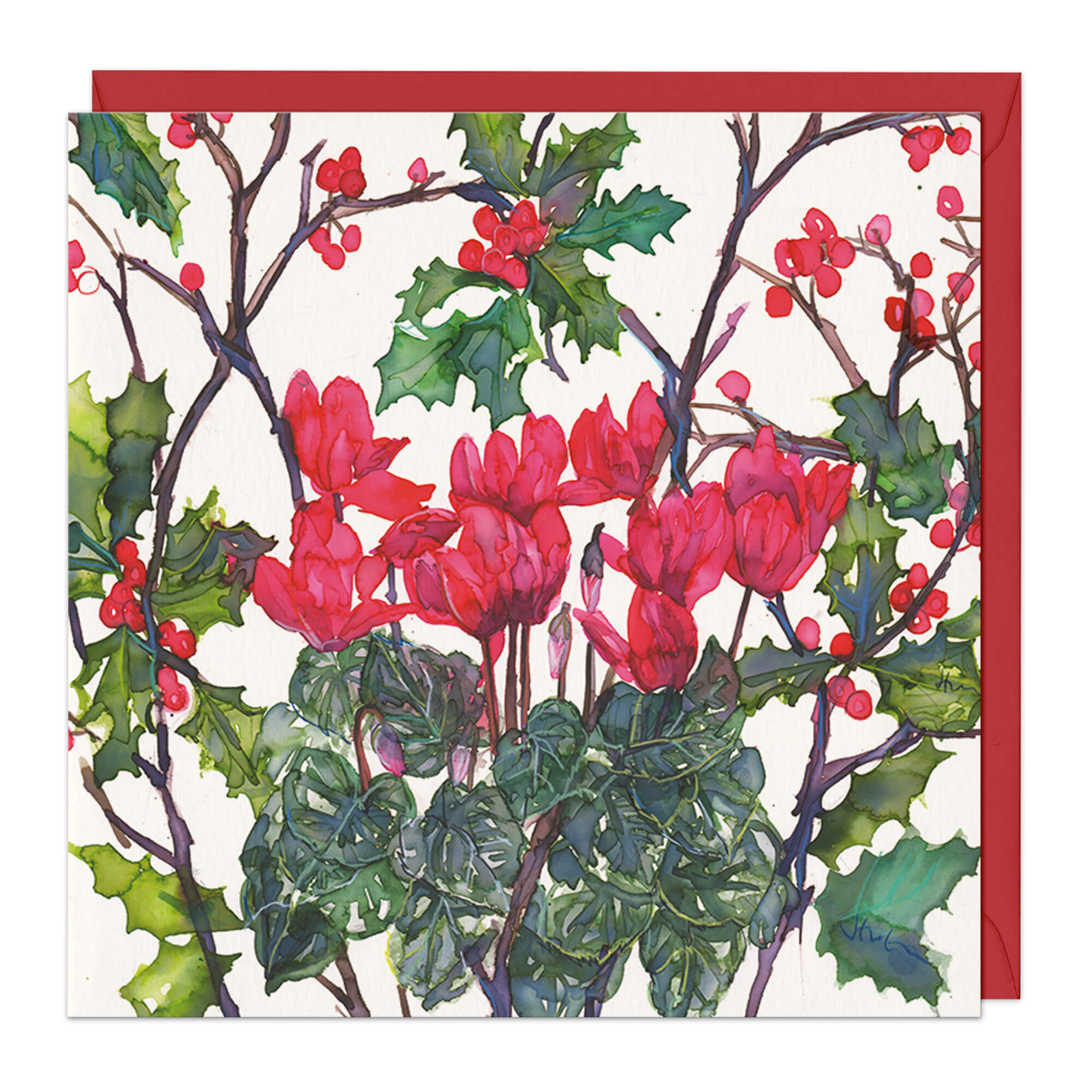 An image of Red Cyclamen & Holly Christmas Card Whistlefish