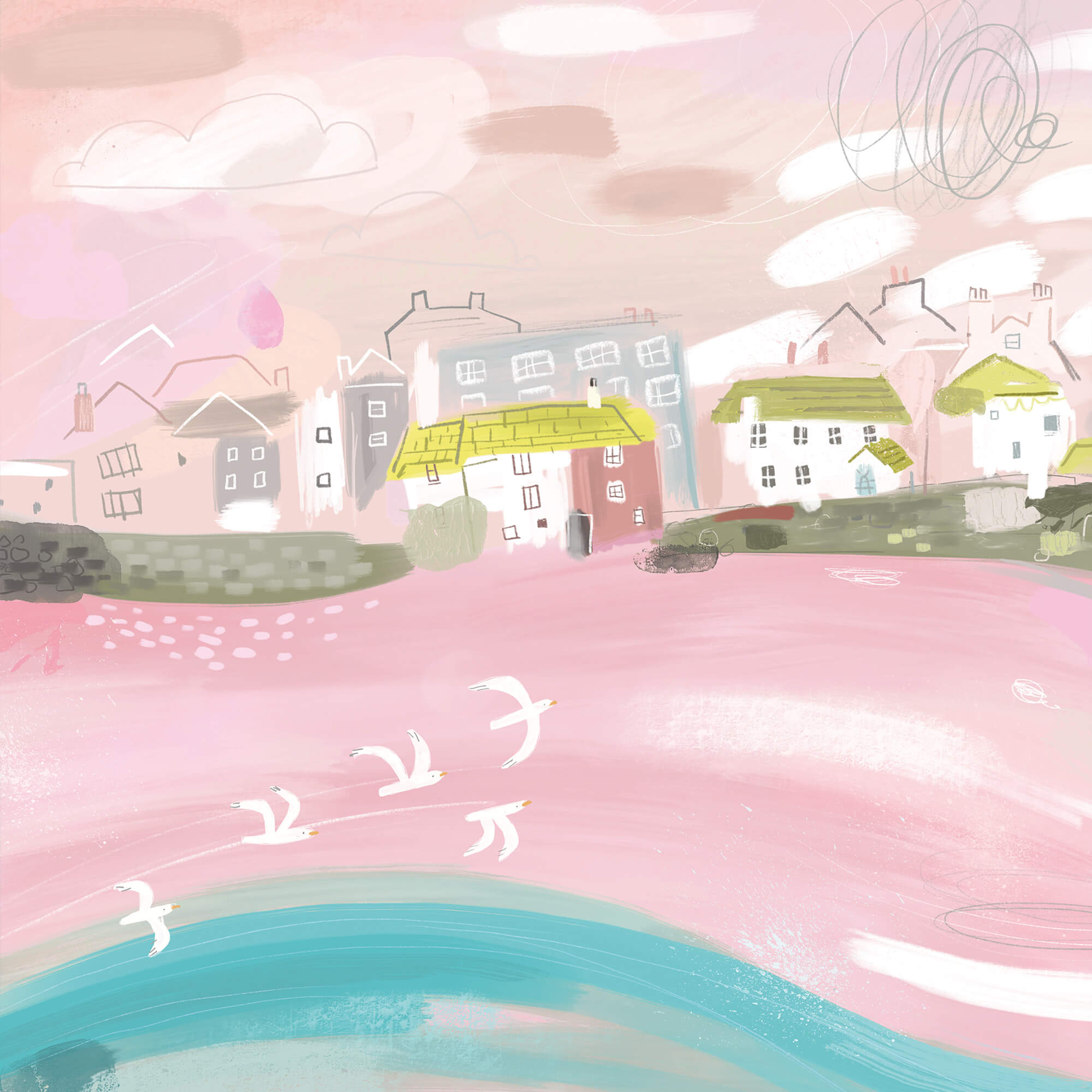 An image of St Ives Pink Harbour Mini Art Print Whistlefish