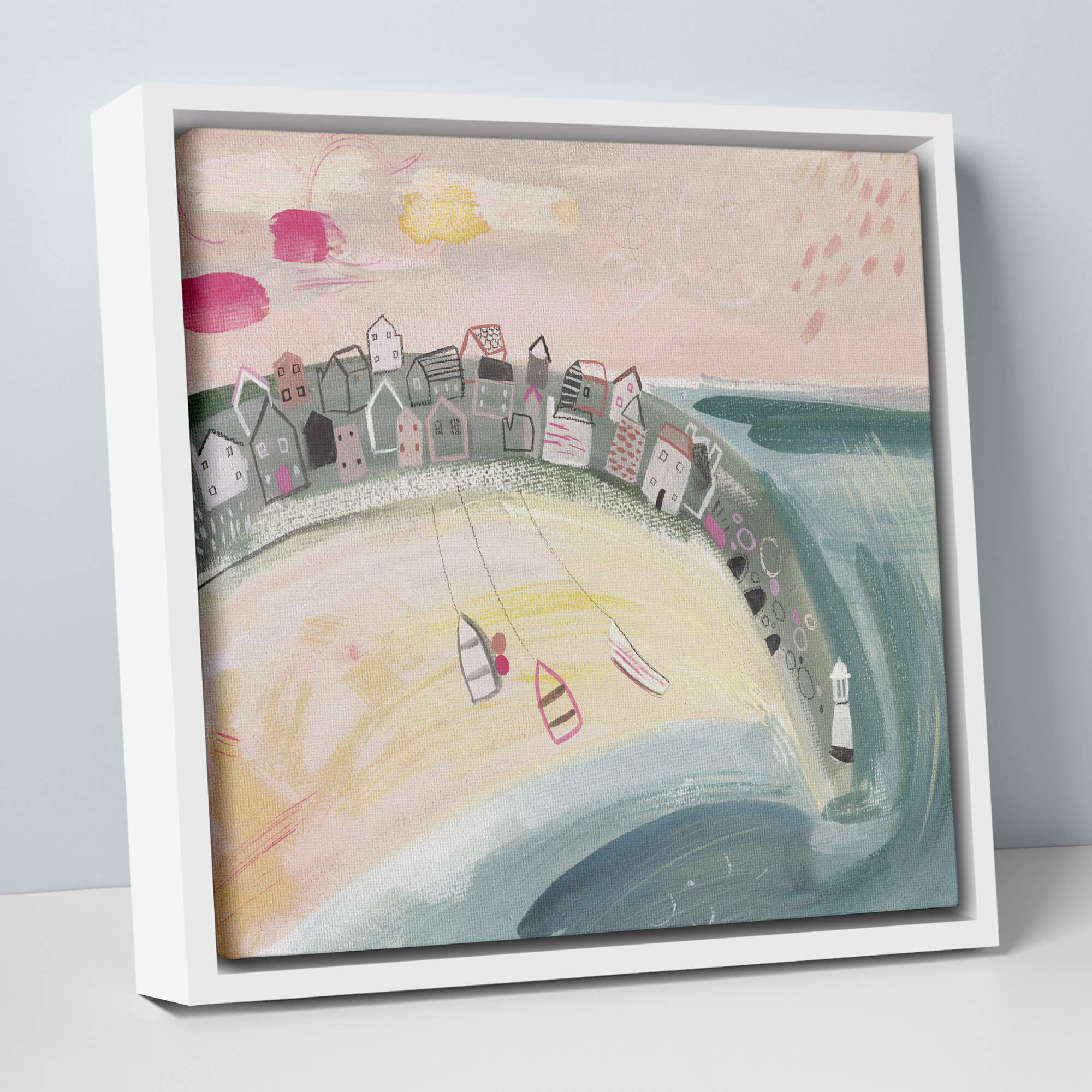 An image of Pink Skies St Ives Small Framed Canvas Whistlefish