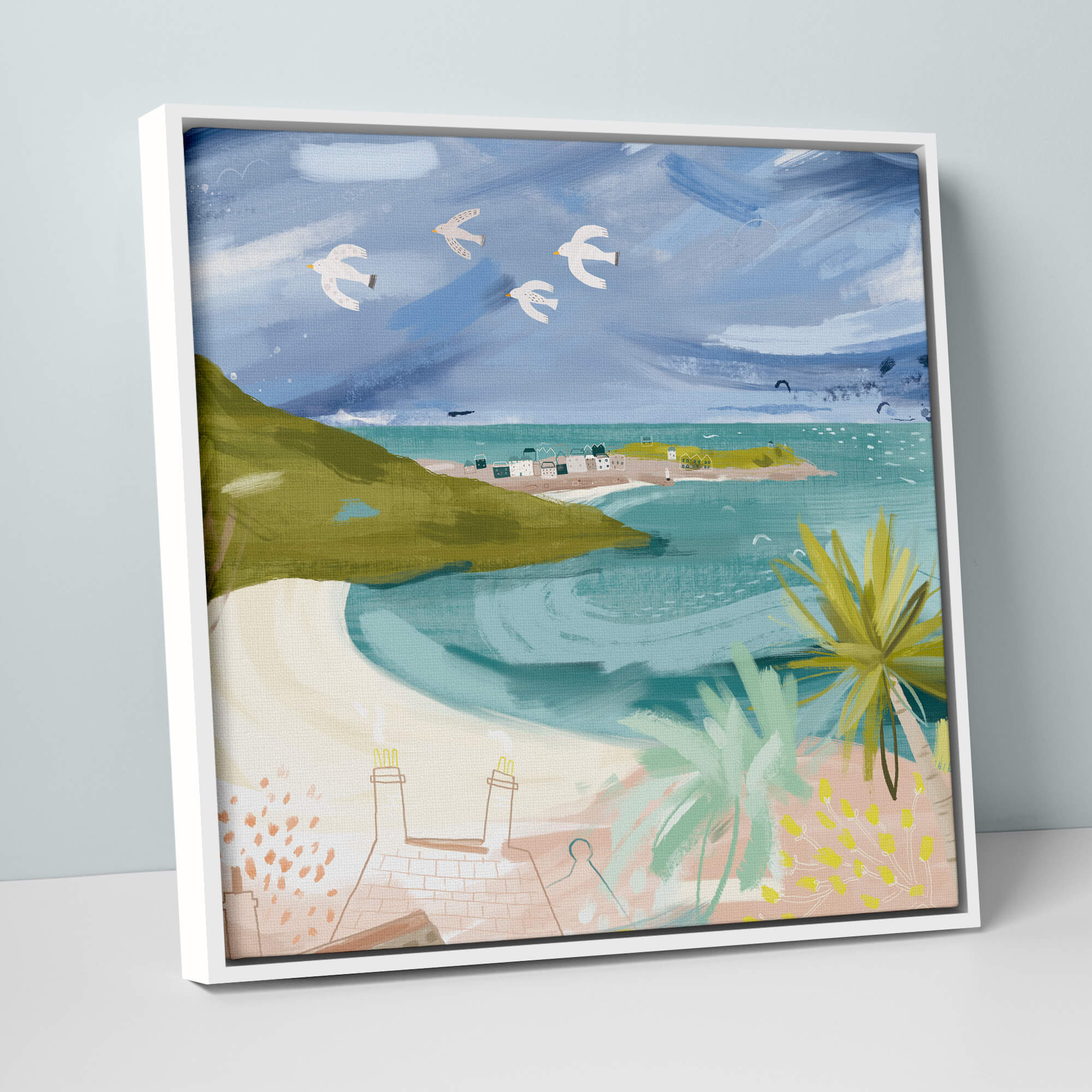 An image of Gulls Over Carbis Bay Large Framed Canvas Whistlefish