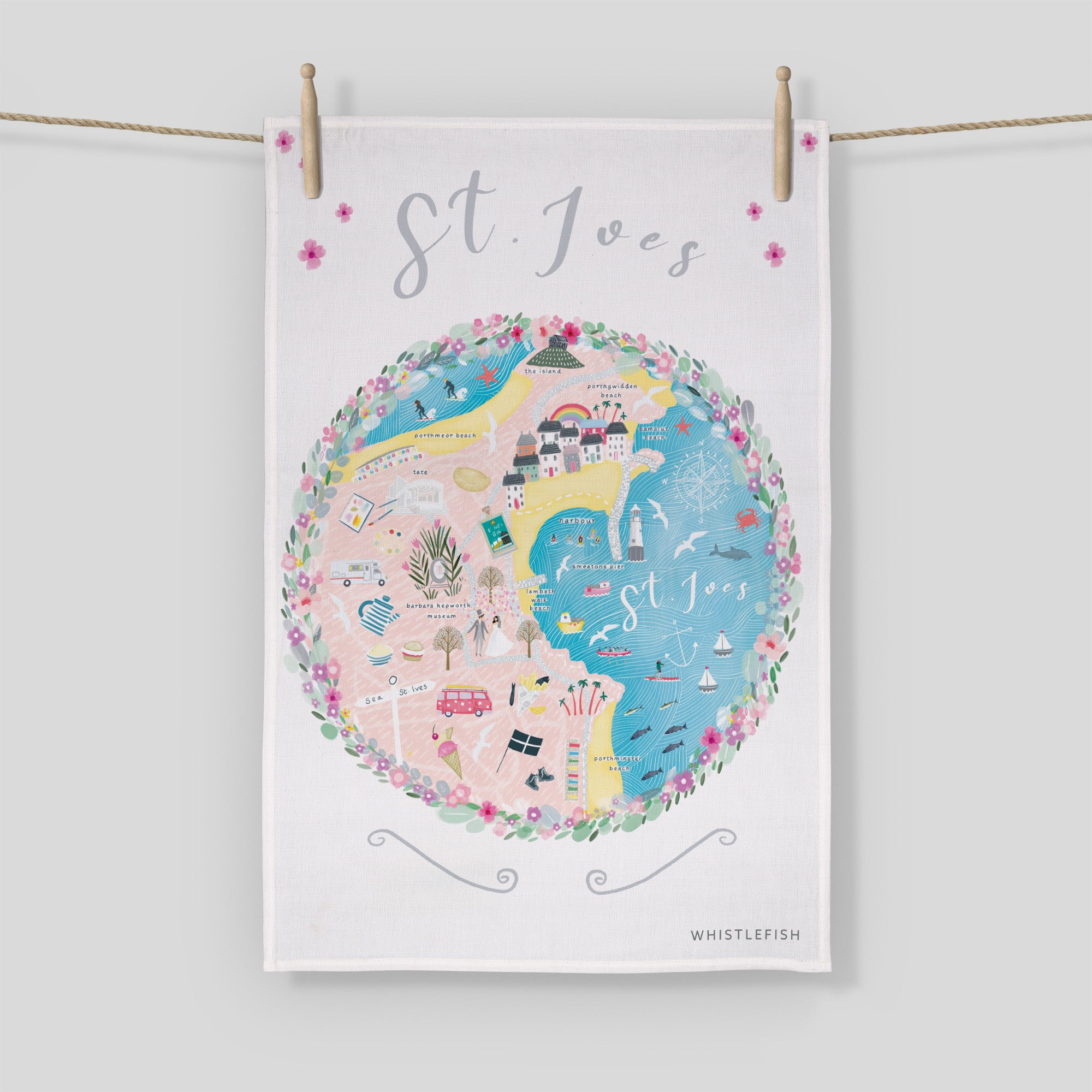 An image of St Ives Cornwall Map Tea Towel Whistlefish