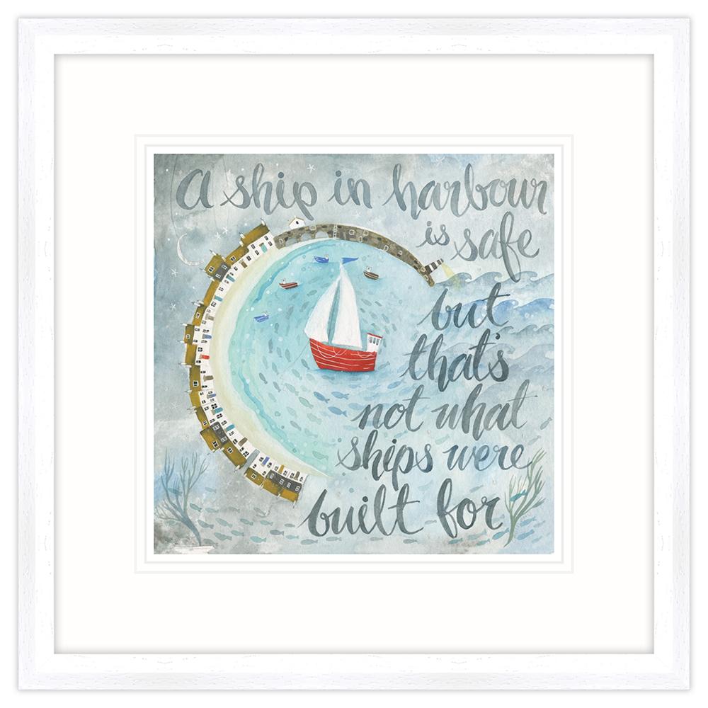An image of A Ship In Harbour Framed Print Whistlefish