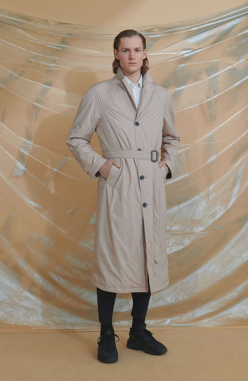 beige belted trenchcoat