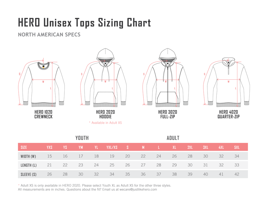 Size Chart for Hoodies - Men & Womens Unisex Sizing