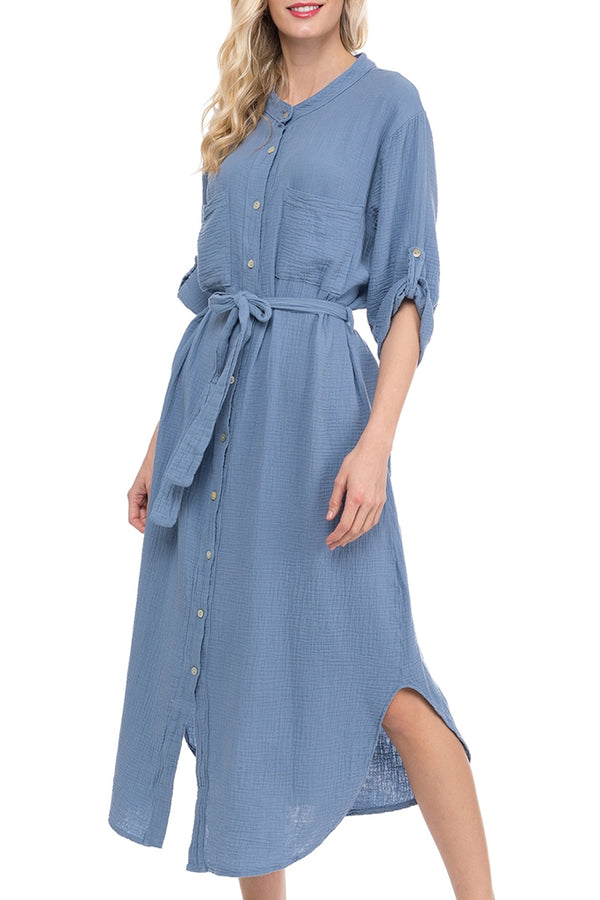 Domini Γαλάζιο Μακρύ Φόρεμα Πουκαμίσα | Γυναικεία Ρούχα - Φορέματα
