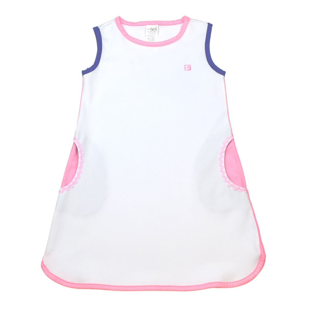 Tinsley Tennis Dress - White + Pink & Royal Welting + Pink Ric Rac (3T)