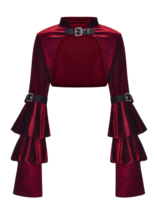 Gothic Wine-Red Velvet Cloak Stand Collar Long Layered Sleeve Shrug Bolero Jacket