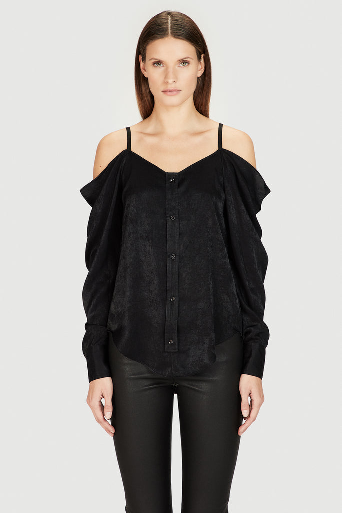 Black Brush Satin Off Shoulder Blouse