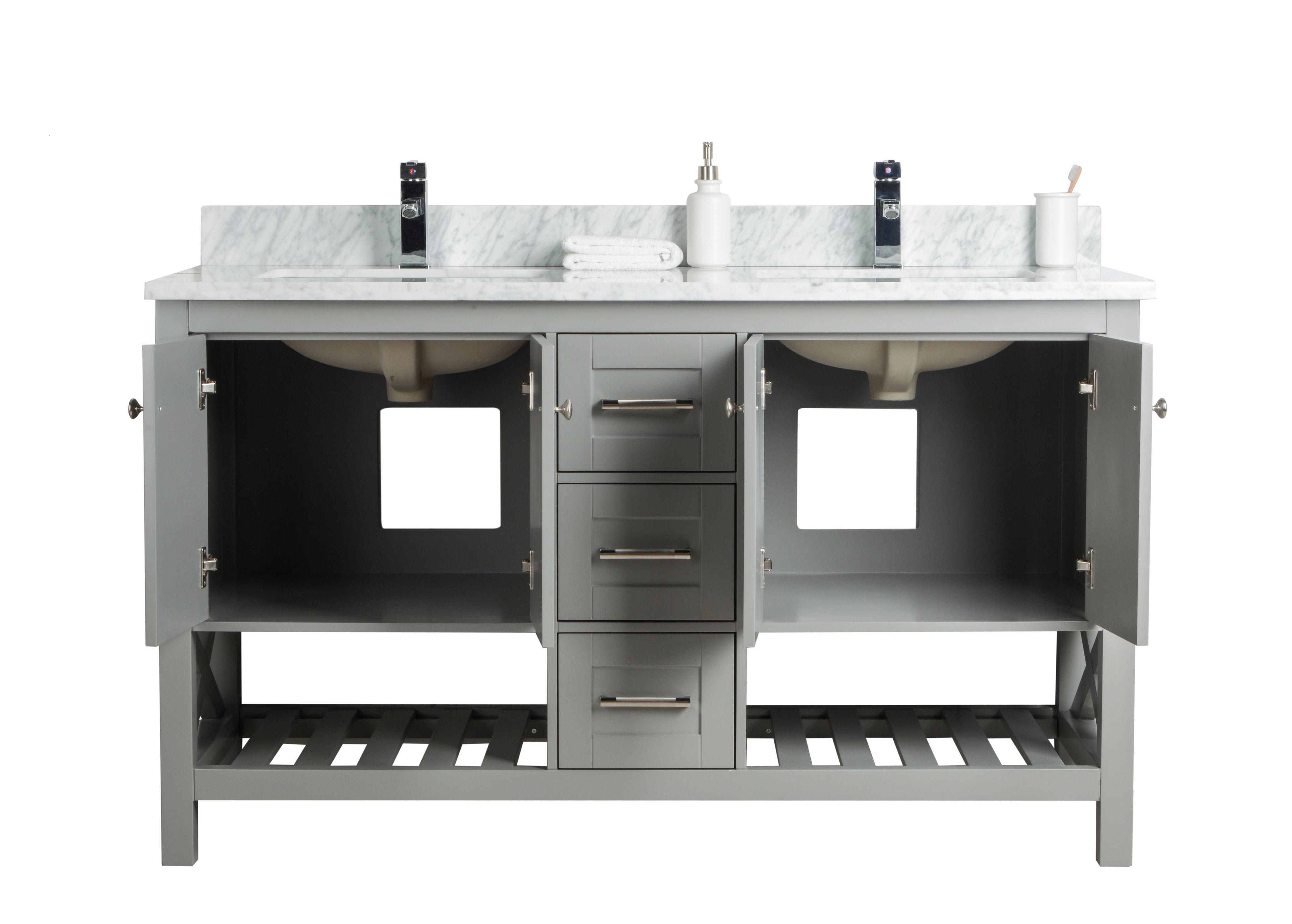 Featured image of post Double Sink Vanity Open Shelf / Easy to build mission style doors add farmhouse character.