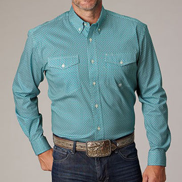 Roper Men's Teal Geo Print Long Sleeve