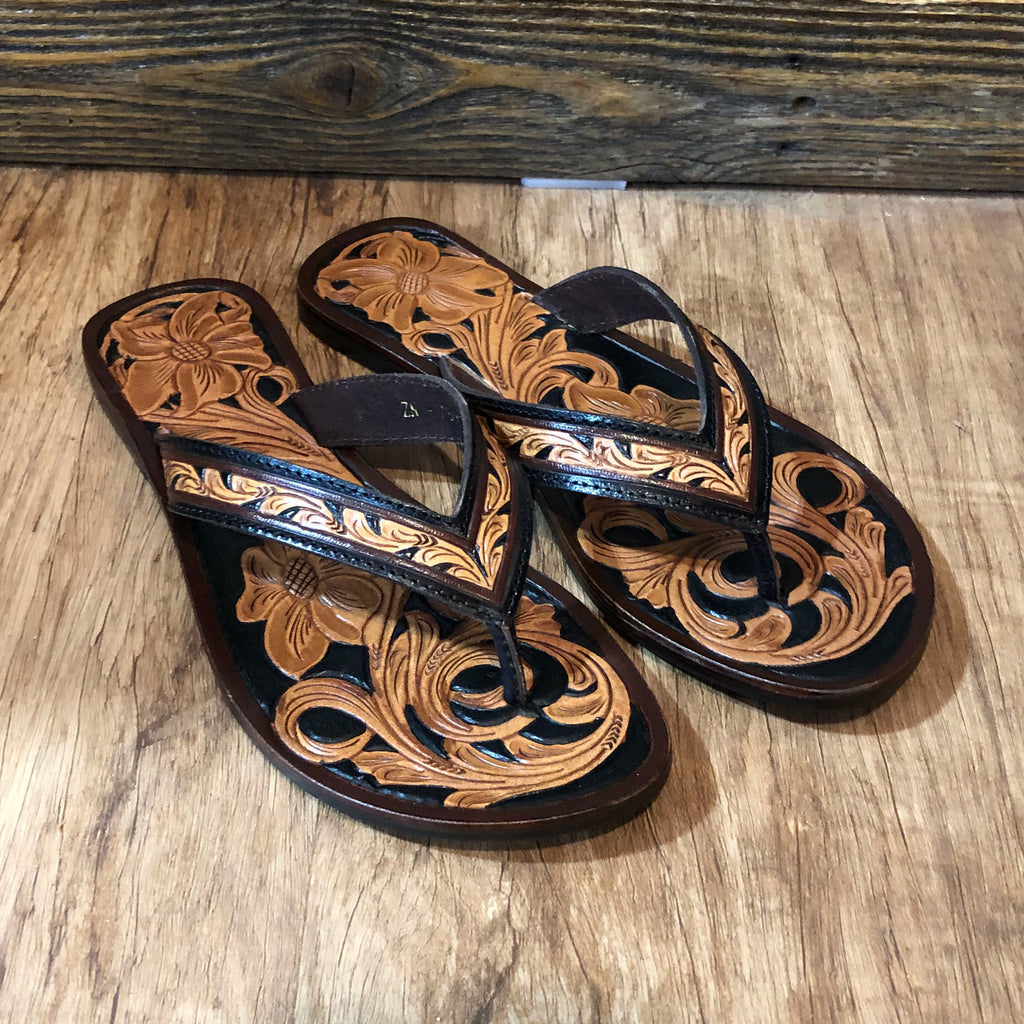 tooled leather flip flops