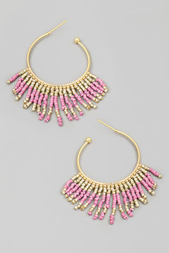 Seed Beaded Light Pink Fringe Hoop Earrings