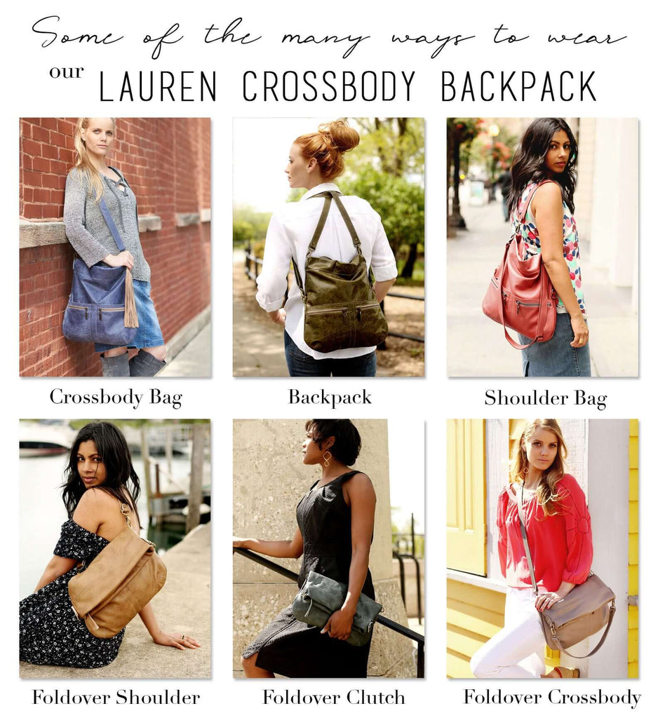 Many ways to wear our signature bag, the Lauren, Brynn Capella, made in the USA