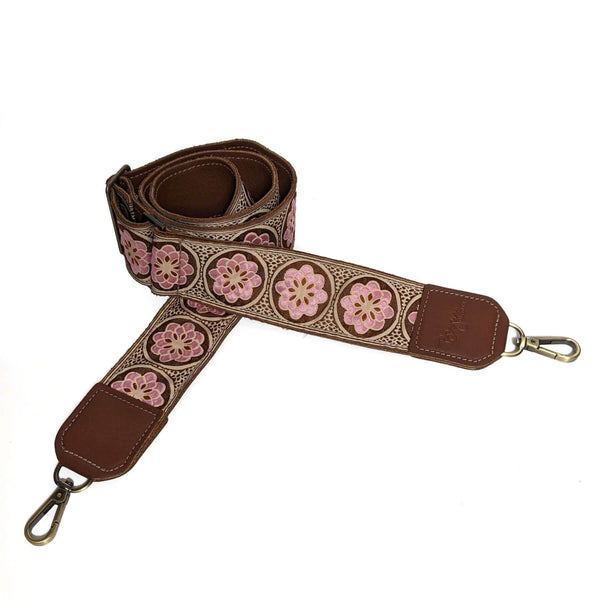 Adjustable Guitar Bag Strap, Pink/Tan Daisy print – leather