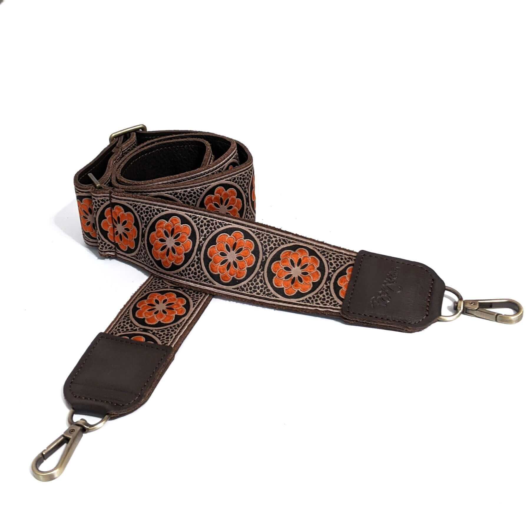 Adjustable Guitar Bag Strap, Plum Daisy print – leather